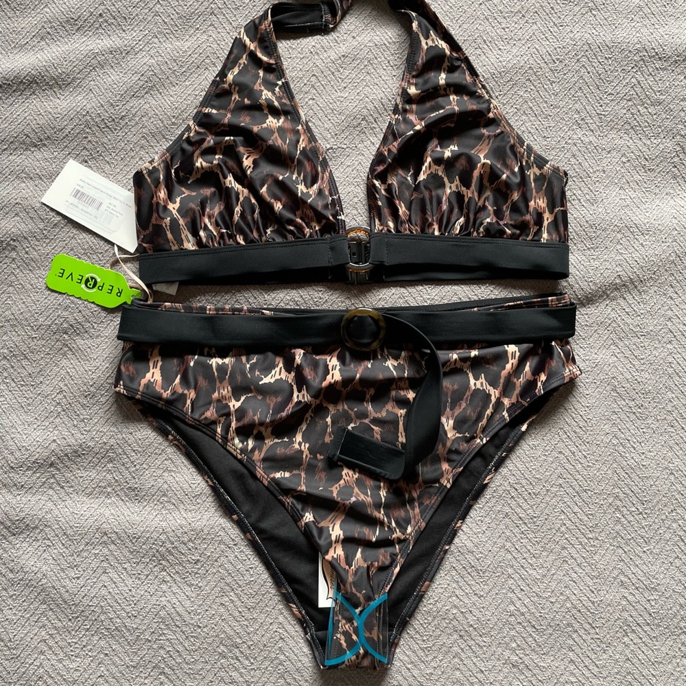 Playful Promises Bettie Page Leopard High-Waist Plunge Bikini 2 Piece Set